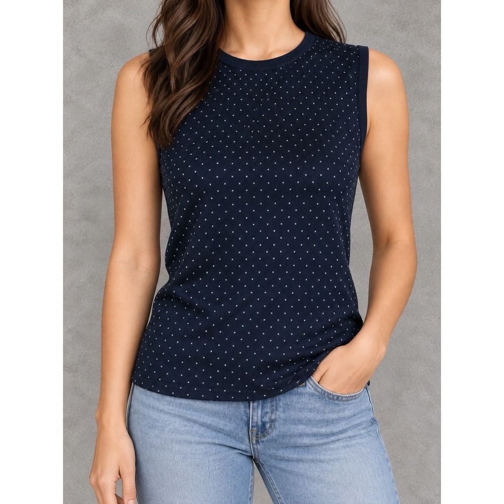St. John Blouse Womens Petite Blue Polka Dot Sleeveless Knit Shell Tank Classic